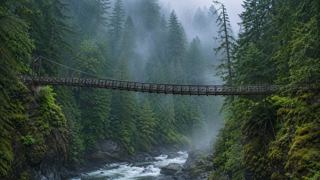Vue le long du tablier du Capilano Suspension Bridge, à 70 m au-dessus de la rivière